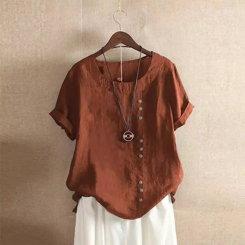 Blouse élégante en coton à manches courtes et détails de boutons pour femmes
