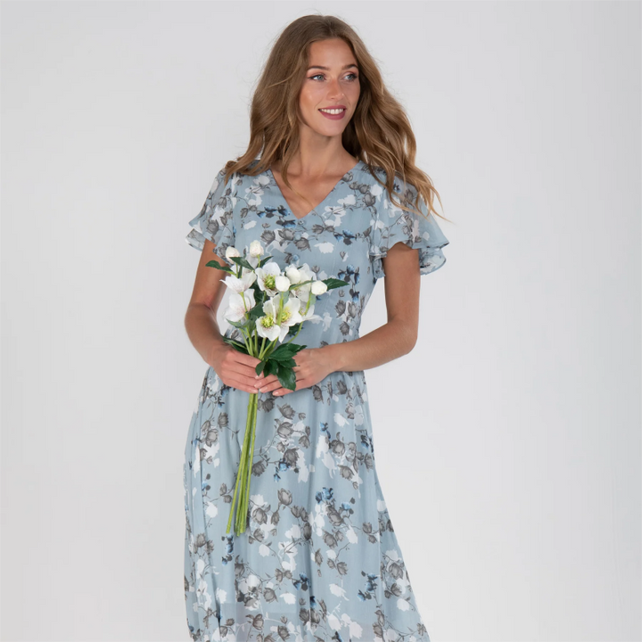 Robe Longue Élégante à Manches Papillon et Motif Floral