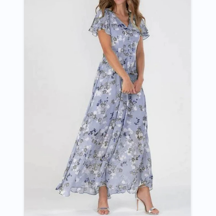 Robe Longue Élégante à Manches Papillon et Motif Floral