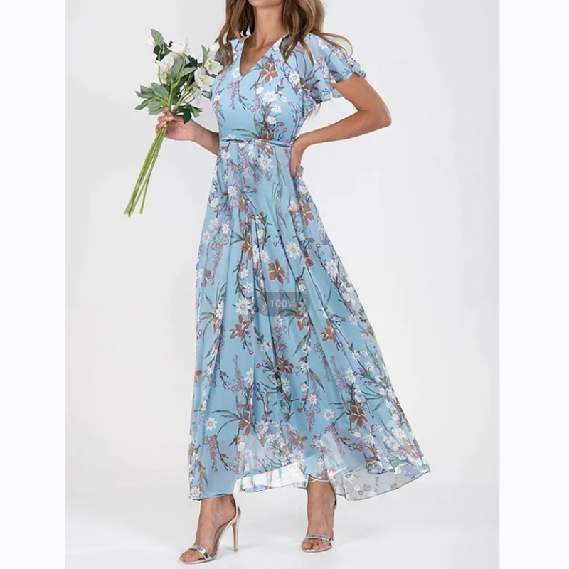 Robe Longue Élégante à Manches Papillon et Motif Floral