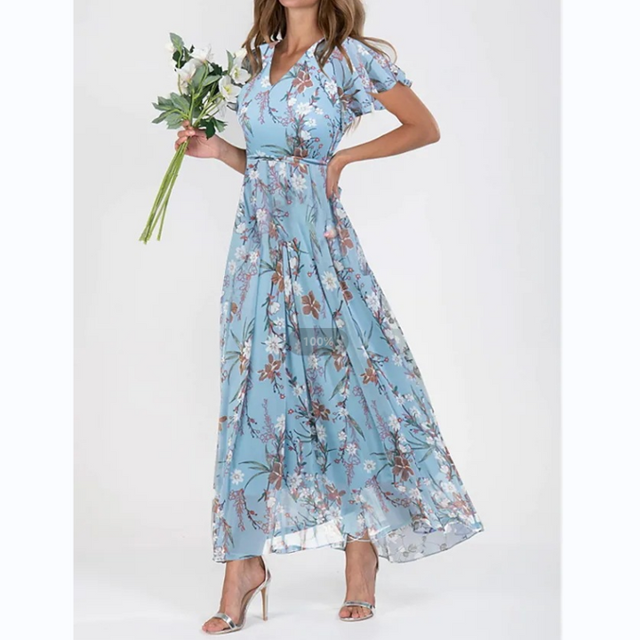 Robe Longue Élégante à Manches Papillon et Motif Floral