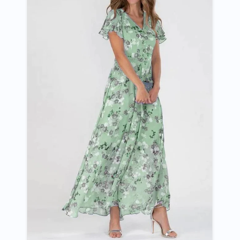 Robe Longue Élégante à Manches Papillon et Motif Floral