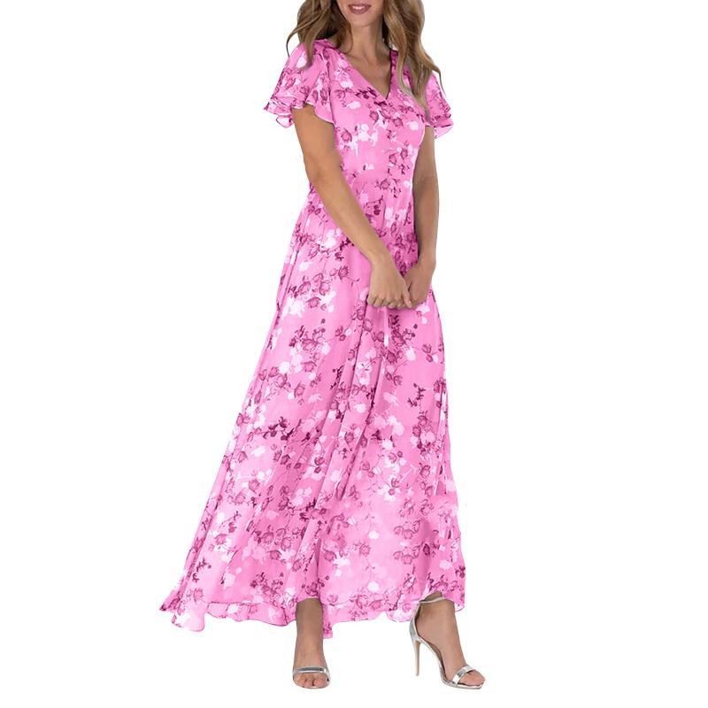 Robe Longue Élégante à Manches Papillon et Motif Floral