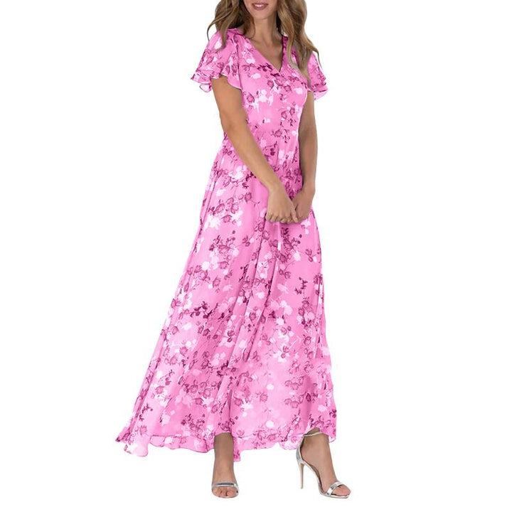 Robe Longue Élégante à Manches Papillon et Motif Floral