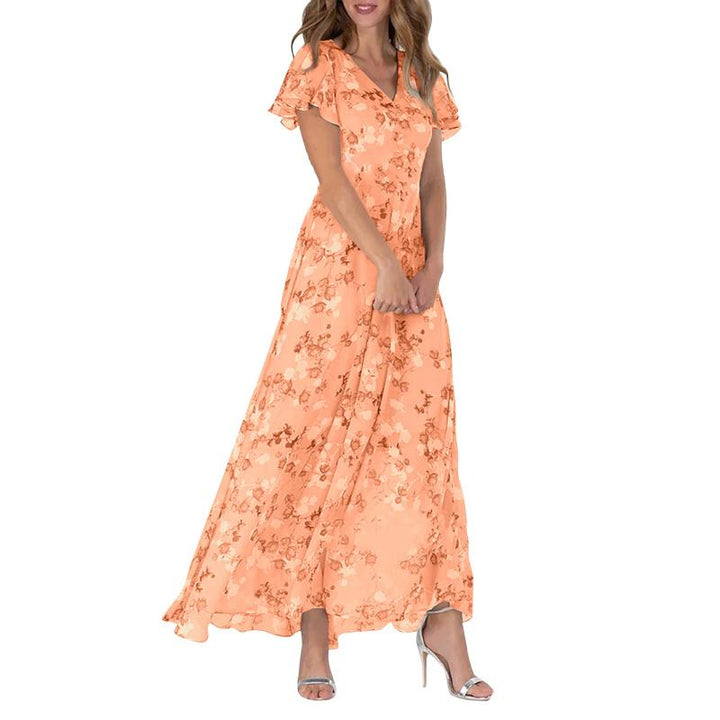 Robe Longue Élégante à Manches Papillon et Motif Floral