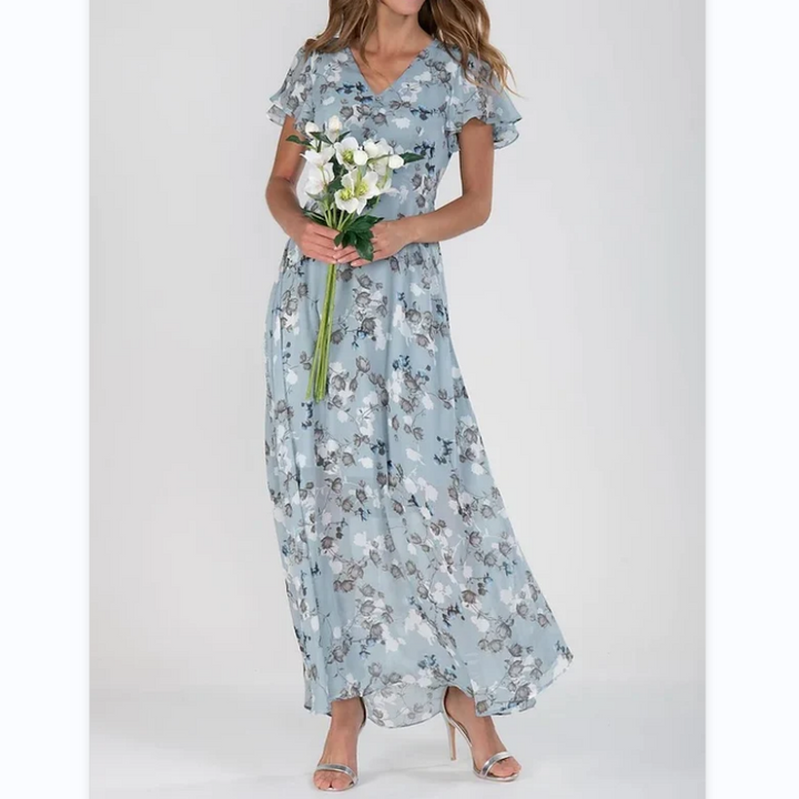 Robe Longue Élégante à Manches Papillon et Motif Floral
