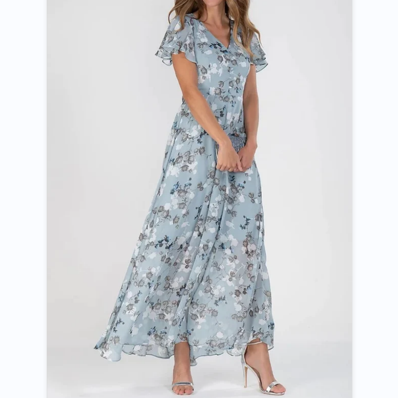 Robe Longue Élégante à Manches Papillon et Motif Floral